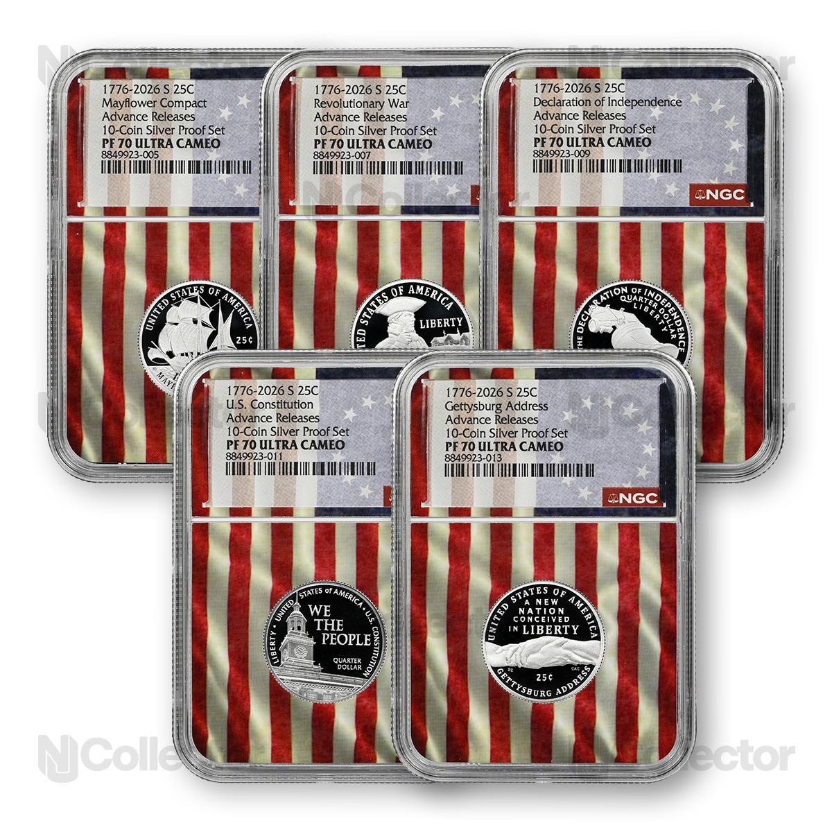 1776- 2026 Visions of Liberty 5pc Quarter Silver Set NGC 70 Flag Core Advance