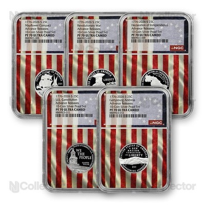 1776- 2026 Visions of Liberty 5pc Quarter Silver Set NGC 70 Flag Core Advance