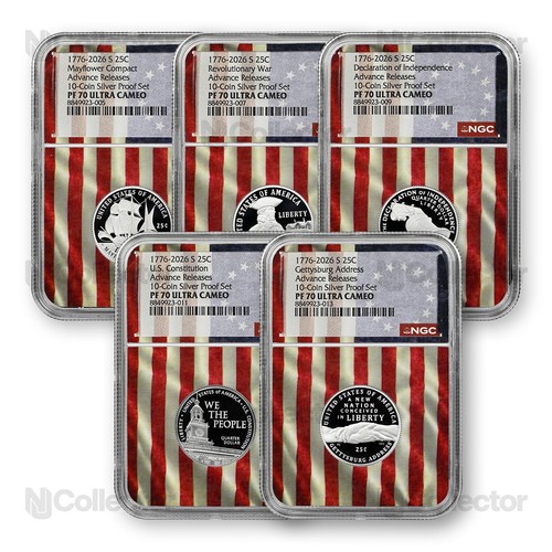1776- 2026 Visions of Liberty 5pc Quarter Silver Set NGC 70 Flag Core Advance