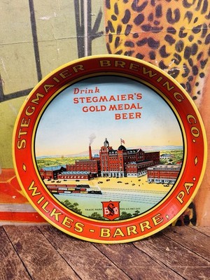 VINTAGE 1936 DRINK STEGMAIERS GOLD MEDAL BEER TRAY SIGN FACTORY RAILROAD BREWING
