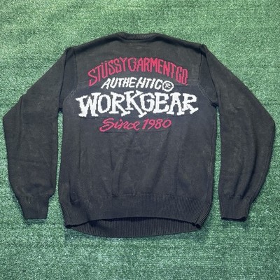Stüssy Workgear Graphic Print Knit Cotton Crew Neck Sweater Black