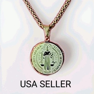 St Benedict (S. Benito) Medal Stainless Steel Charm Pendant Necklace Gold Color