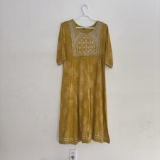Mustard Yellow Embroidered Kurta Dress Boho Indian Tunic Large AS IS Repair
