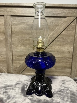 B&P Lamp Supply Cobalt Blue Glass Oil Lamp Brass Burner Clear Chimney Scrolled