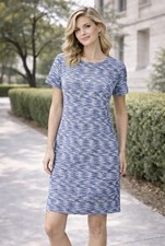 LOFT Sheath Dress 14 Blue White Short Sleeve Stretch Cotton Washable Summer