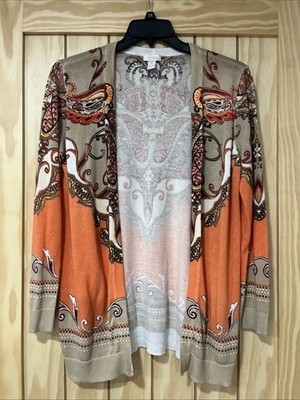 Chico s Cardigan Top Size 1 US Med Long Sleeves Open Front Paisley Orange Beige