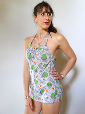 Vintage retro 50s S 10 unused 1 pc cotton swimsuit pin-up spots NOS as new