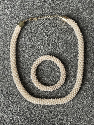 Beaded Faux Pearl Rope Chain Choker Style Necklace & Bracelet Set Duo Statement