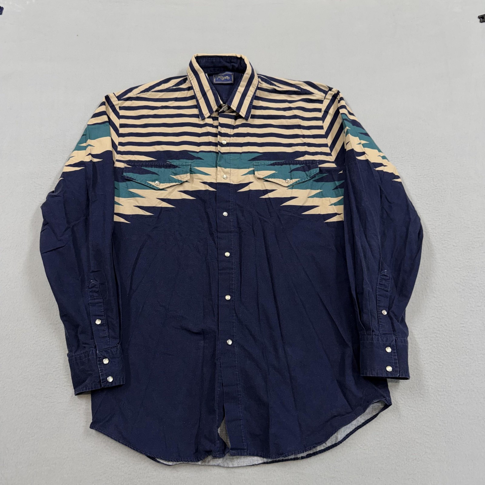 Vintage Roper Shirt Mens Large Blue Geometric Western Snap Long Sleeve Aztec