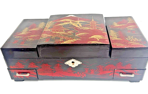 Vtg Asian Japanese Black Lacquer Wind-up Music Box Jewelry - Dancing Geisha Girl - Picture 8 of 8