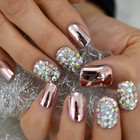 SHORT *METALLIC ROSE GOLD & CRYSTALS* Full Cover 24 Nail Tips Glue Set!