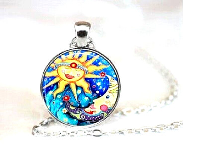HIPPIE SUN MOON 1'' Handmade Pendant Charm Sterling 925 Silver 20'' Necklace Gift