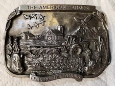 Vtg 1983 American Farmer Feeding the World Pewter Belt Buckle 3D Detailed Iowa