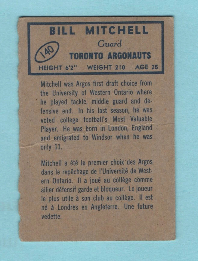 1962 Canadian Football  140 Bill Mitchell - Toronto Argonauts  -- Box 742 - Image 2 of 2