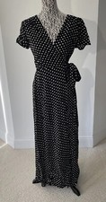 Dokuritu Size S Polka Dot Short Sleeve Black Maxi Wrap Dress V Neck