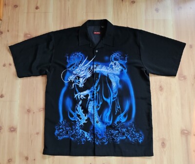 Vtg Y2k C-two Blue Dragon Double Sided Shorth Sleeve Button Up Shirt Siez XXL