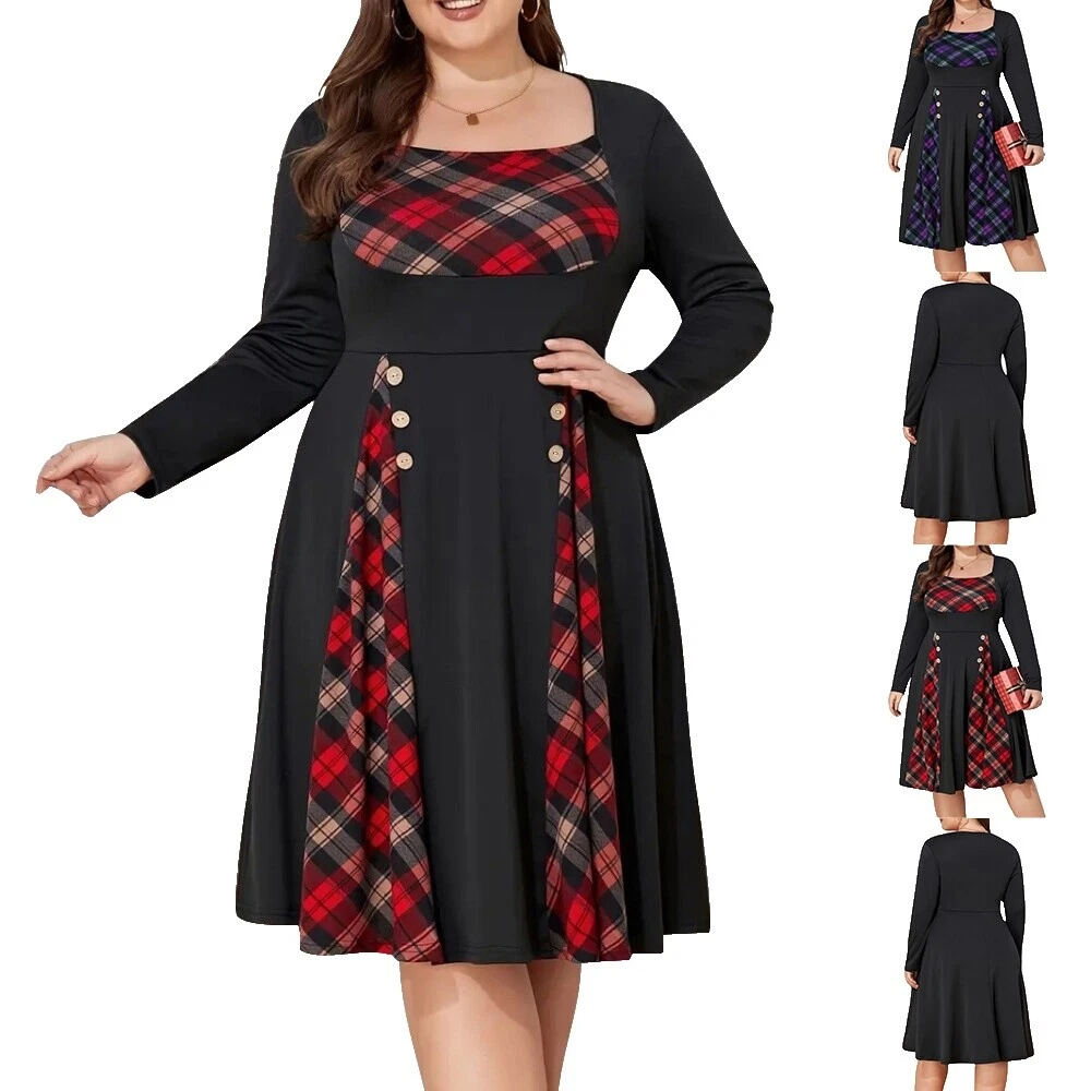 Polyester Check Plus Size Dresses for Women
