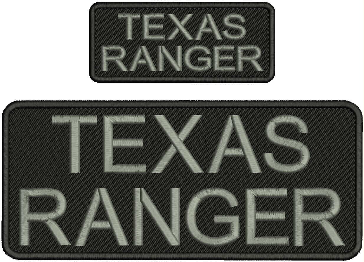"Texas RANGER" embroidery patch 4x10 and 2x5 hook ON BACK GREY ON BLACK