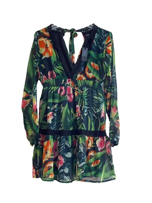 Kendall + Kylie Green Floral Long Sleeve V-Neck Pullover Mini Dress Sz  Small New | eBay