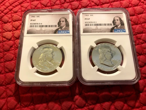 1962, 1963 Silver Proof Franklin 50c NGC PF67. Franklin Label No Spots!