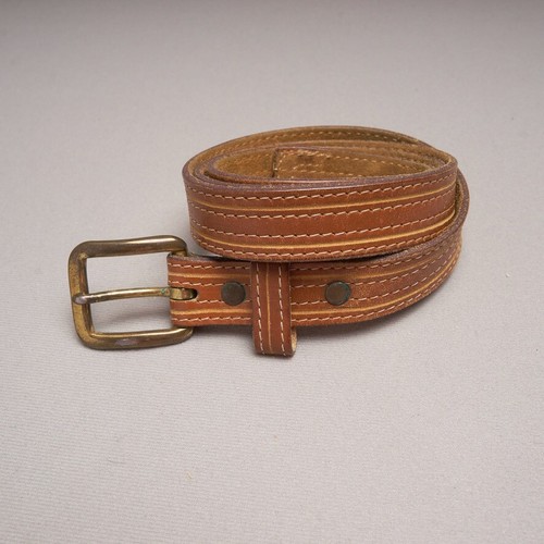 Vintage Brown Leather Belt Mens 33 Top Stitching Brass Buckle 7/8 Ins Wide