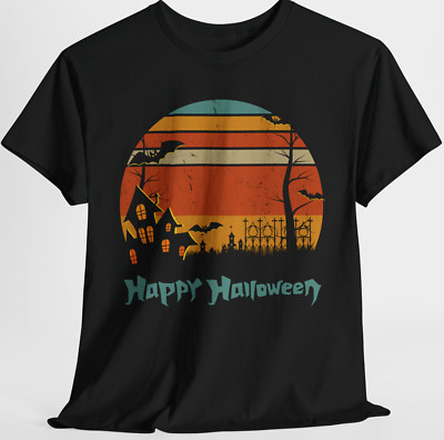 Happy Halloween Black Retro Sunset Striped Shirt Top Sz S-XL, Plus 2X 3X 4X 5X