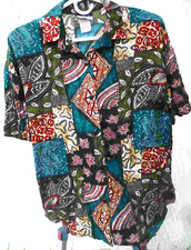 VTG 90S USA CALICHE PATCH PRINT GEOMETRIC XL L FLORAL COLORFUL BUTTON UP BLOUSE