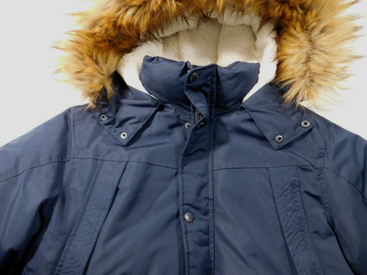 Ben Sherman Men s Medium Navy Blue Faux Fur Trim Hooded Parka Jacket Coat