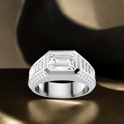 Herren 4 kt Smaragdschliff Laborgefertigter Diamant Ehering 14 K Weißgold IGI