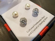 Freshwater Pearl Sterling Silver Crystal Cluster Stud Earrings $50 cost NIB