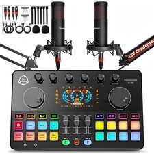 Podcast Equipment Bundle for 2, Audio Interface DJ Mixer with 48V XLR Condens...