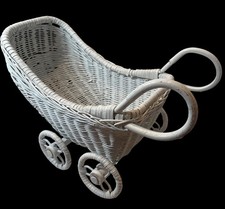 Vintage White Wicker Baby Carriage Doll Pram Antique Nursery Planter Decor 10"
