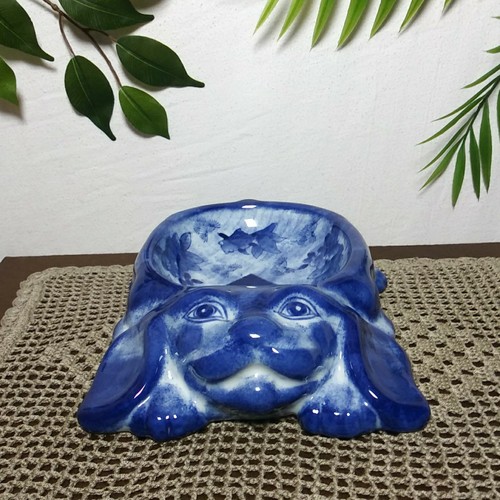 Vintage WCL Porcelain Puppy Dog Blue White Bowl Heavyweight 11" Figural Pet Dish