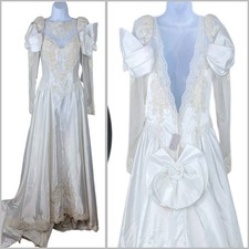 NEW Satin Lace 80s 90s Wedding Dress 8 10 Long Puff Sleeve Train Beaded Sequin