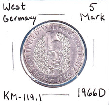 1966D West Germany 5 Mark (KM-119.1) .2251 ASW Silver! Gottfried Wilhelm Leibniz