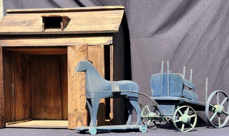 Antique Primitive Child Toy Horse Buggy & Stable Florence NJ North East Folk Art