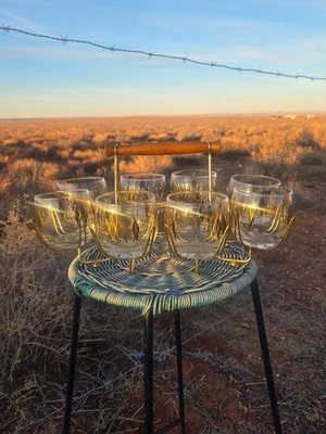 8 VTG MCM Roly Poly Cocktail Glasses, Gold Black Harlequin, + Gold Metal Caddy