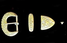 Cowboy Belt Buckle 3-Piece Set For 1-inch Leather, Floral Brass Design