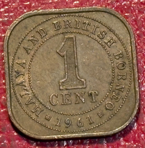 HIGH GRADE XF/AU 1961 MALAYSIA BRITISH BORNEO ONE CENT-SQUARE-MAR710