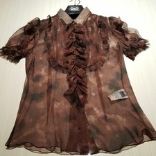 Dolce & Gabbana Women Short Sleeve Dress Shirt Silk Brown Size 40 Ruffle Chiffon