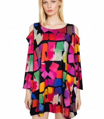CAROLINE ROSE cold shoulder tunic top size small multicolor jersey knit