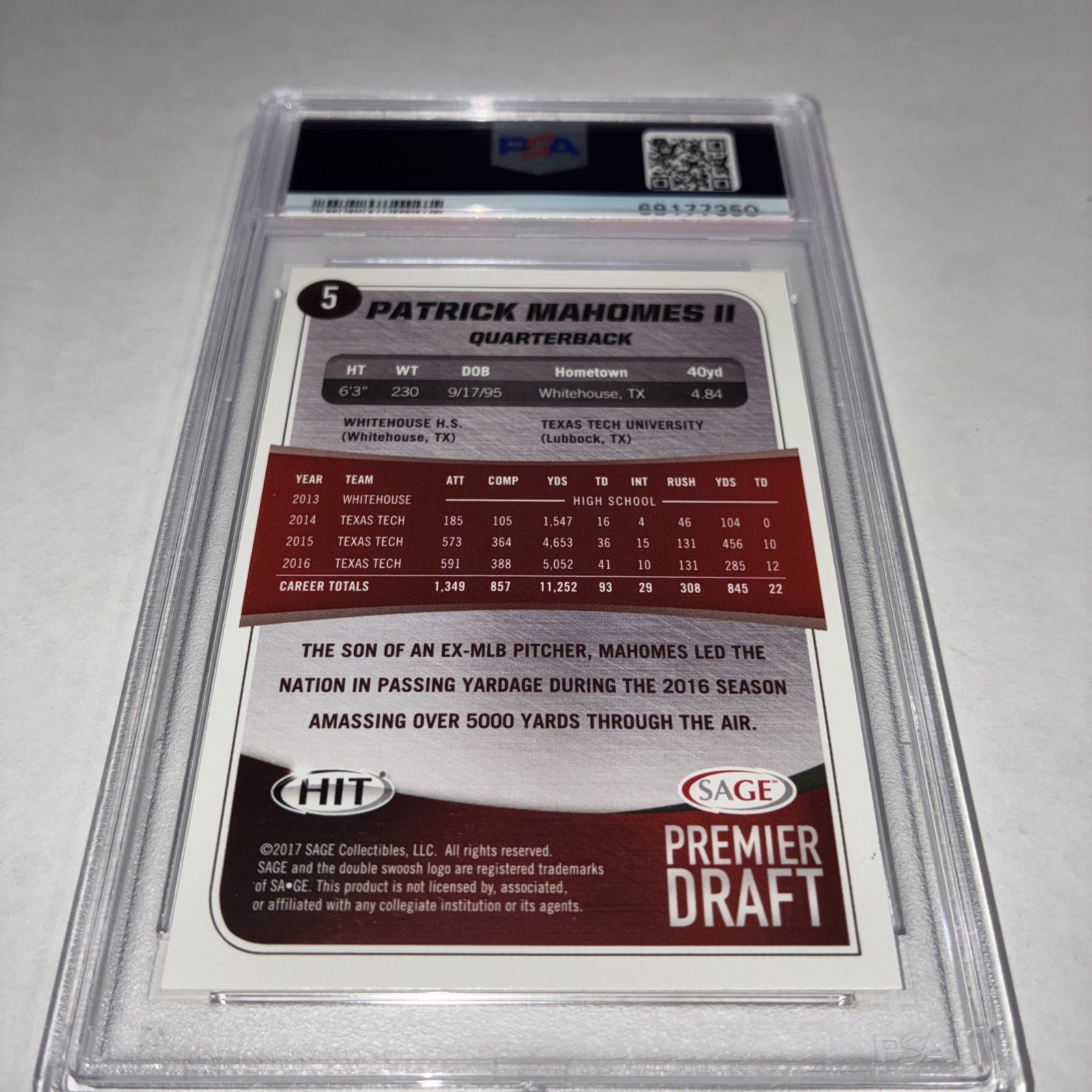 PATRICK MAHOMES KC CHIEFS NFL SAGE HIT ROOKIE PSA 10 GEM MT 2017 view 7