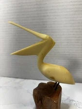 John Perry Sculpture VTG White Pelican on Burl Wood 6 1/2 in Tall