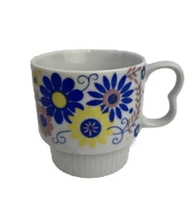 VTG Floral Blue Yellow Pink Coffee Cup Ceramic Stackable Mug Japan