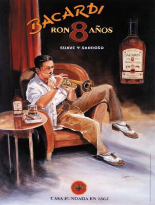 Vintage Bacardi Cuban Rum ad reproduction metal sign trumpet player