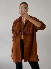 Women Brown Fringe Suede Retro Aviator Biker Fringed Real Suede Leather Jacket