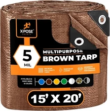 Multipurpose Protective Cover Brown Poly Tarp 15' x 20', Drop Cloth - Durable