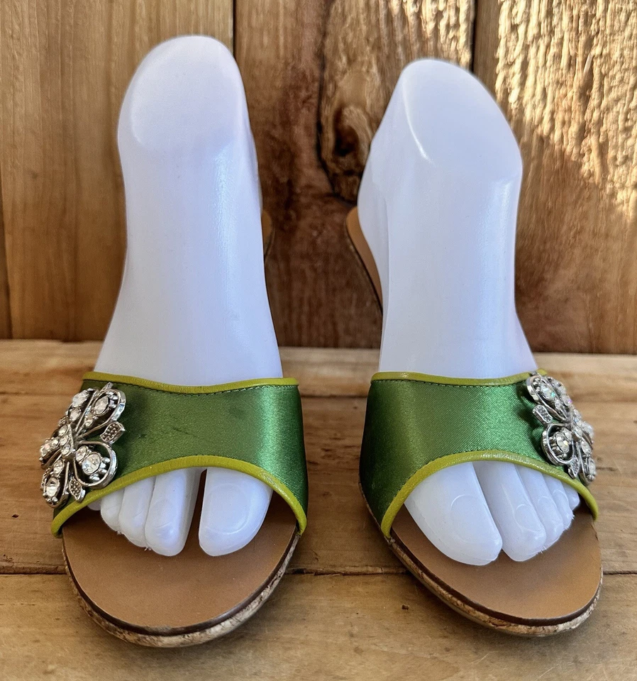 Nina Satin Jeweled Heels Shoes Green Sandals Summer Wedding Cork 7.5 Women’s - image 3 of 4