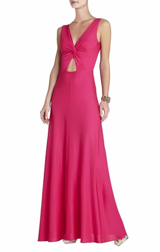 $298 NWT BCBGMAXAZRIA SzM MISSIE TWIST-FRONT V-NECK GOWN DRESS BEGONIA PINK
