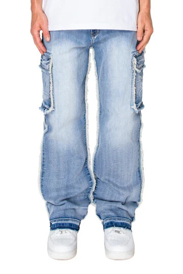 's Casual Loose Straight Fit Raw Edge Cargo Jeans Dl1535